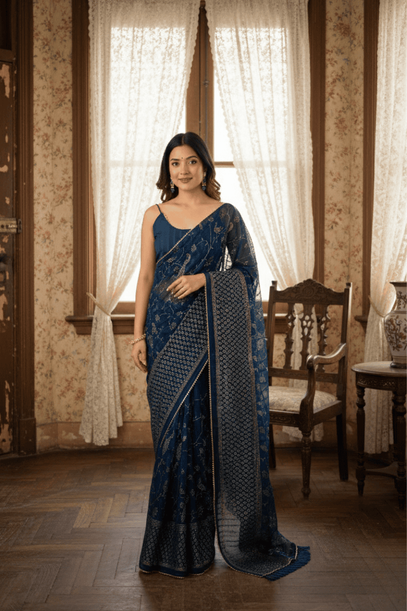 Navy Blue Foil Printed Georgette Saree