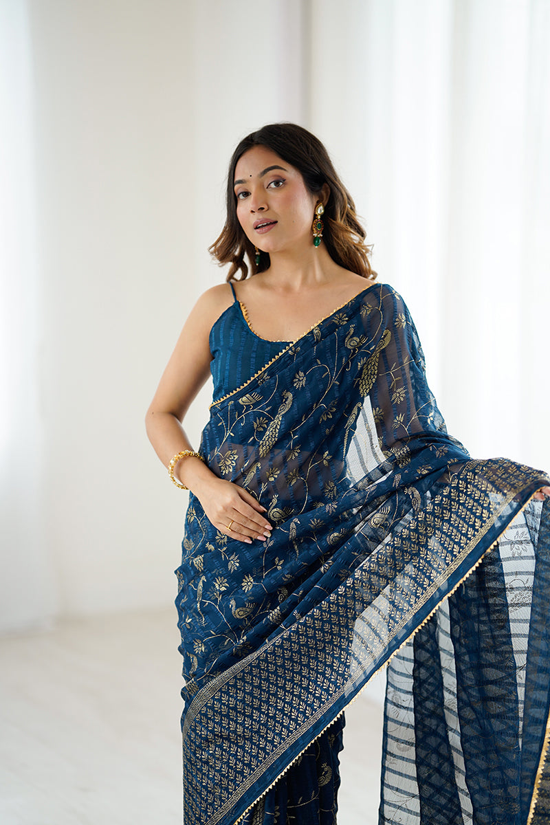 Navy Blue Foil Printed Gharchola Georgette Saree