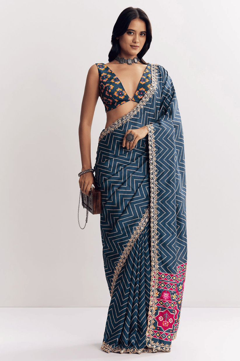 Navy Blue Manipuri Printed Saree With Embroidered Lace