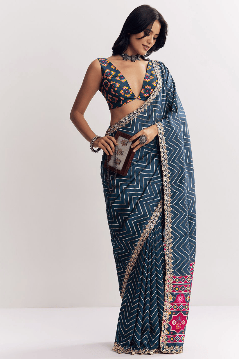 Navy Blue Manipuri Printed Saree With Embroidered Lace