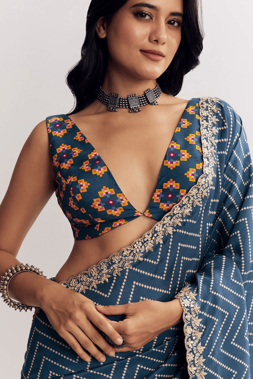 Navy Blue Manipuri Printed Saree With Embroidered Lace