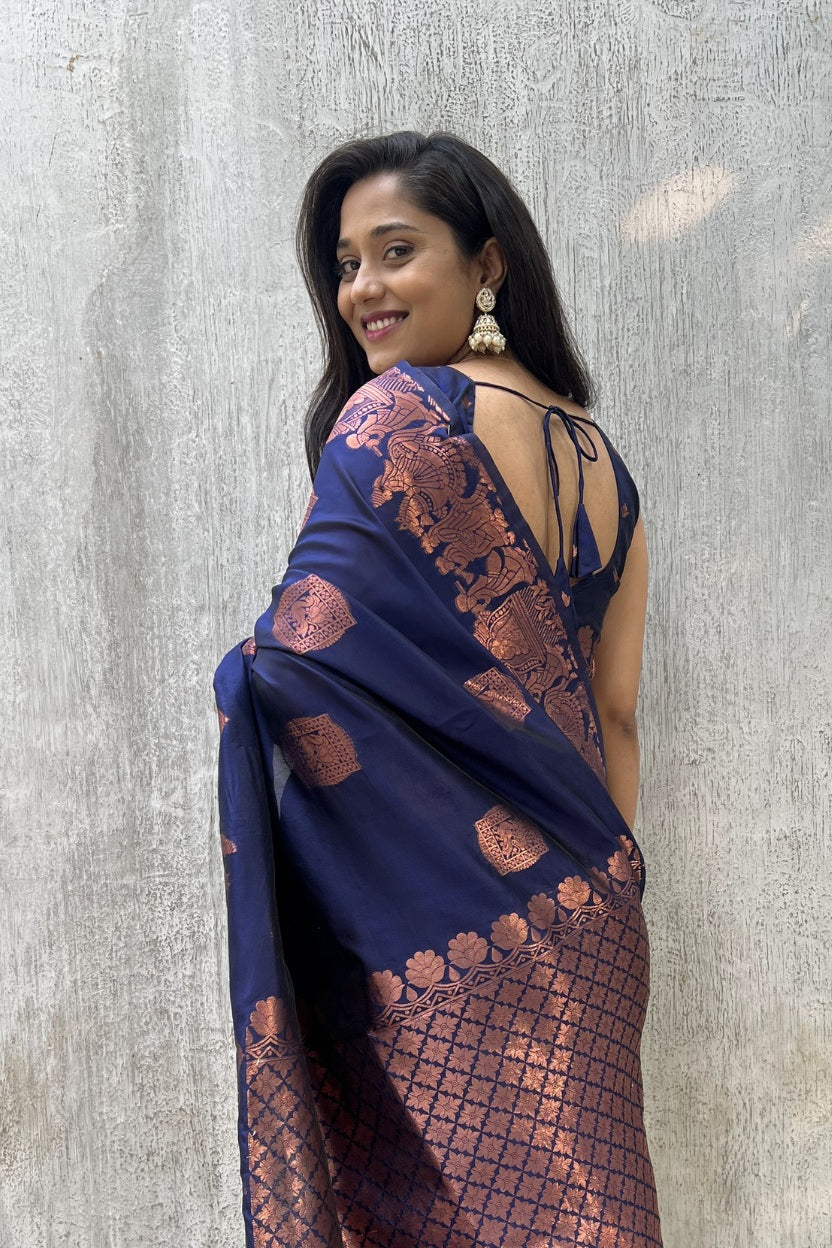 Navy Blue Raja Rani Silk Blend Saree