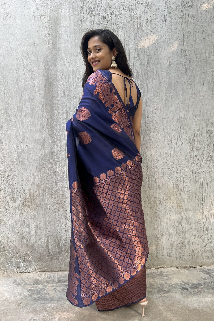 Navy Blue Raja Rani Silk Blend Saree