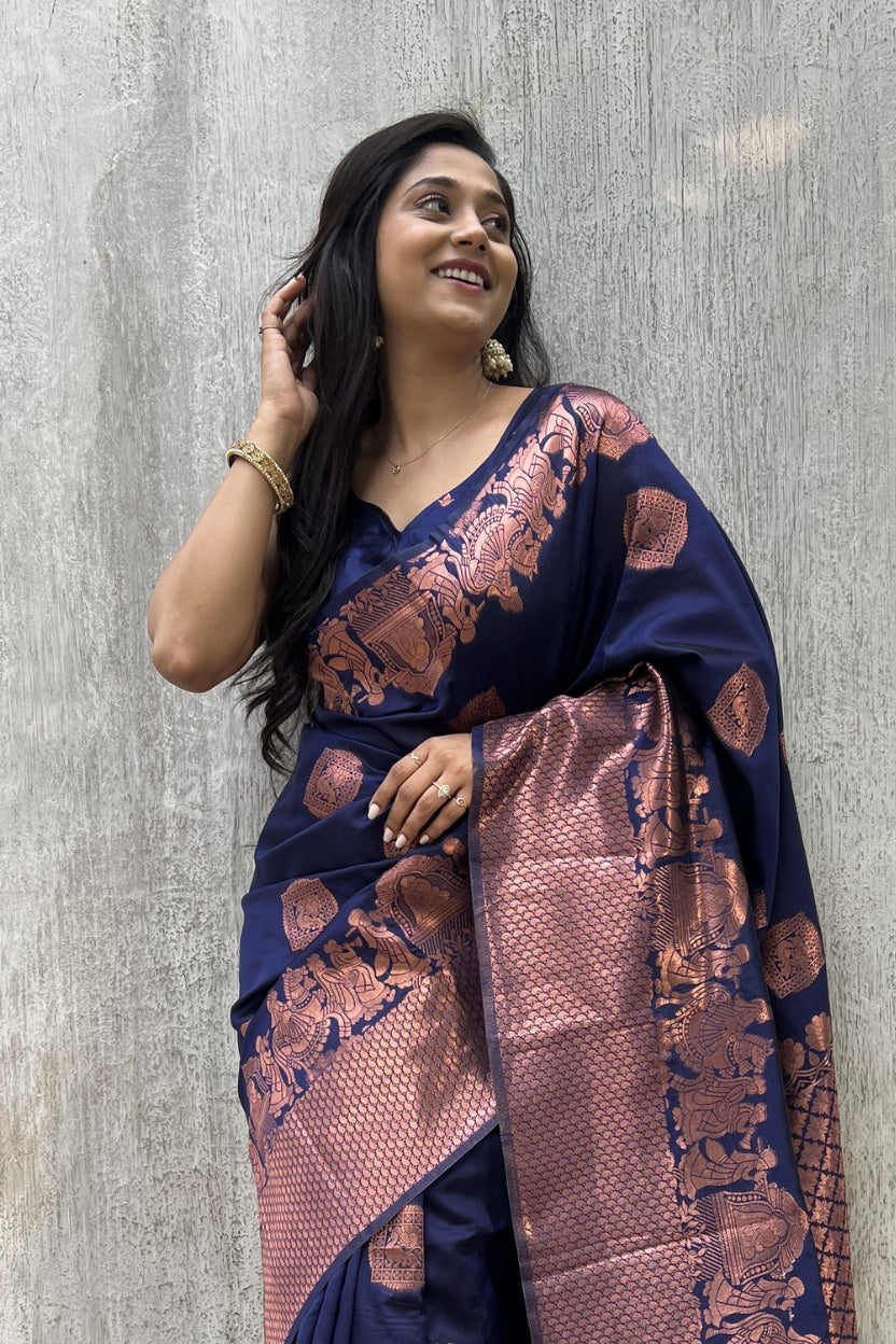 Navy Blue Raja Rani Silk Blend Saree
