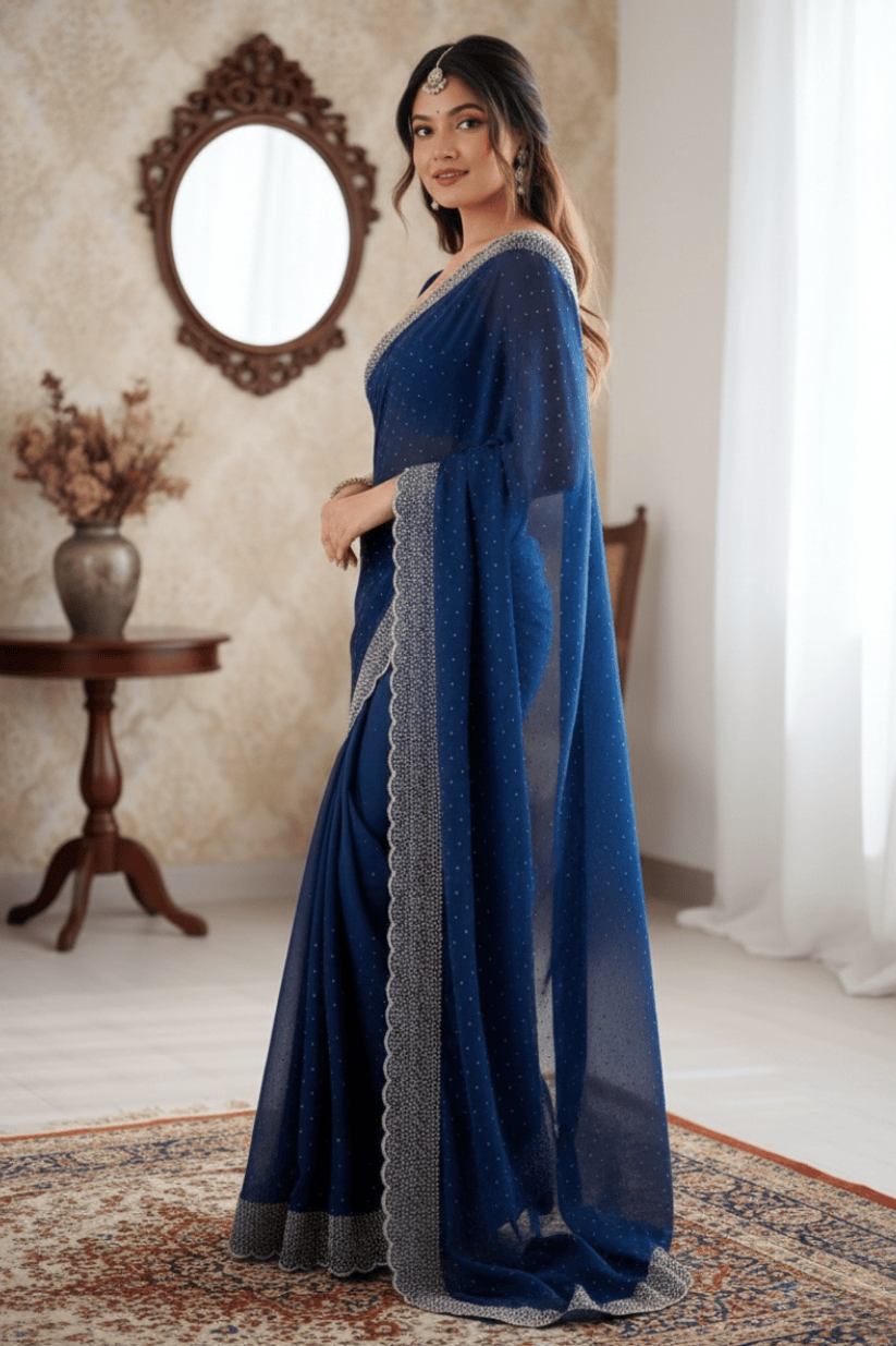 Navy Blue Swarovski Soft Silk Saree