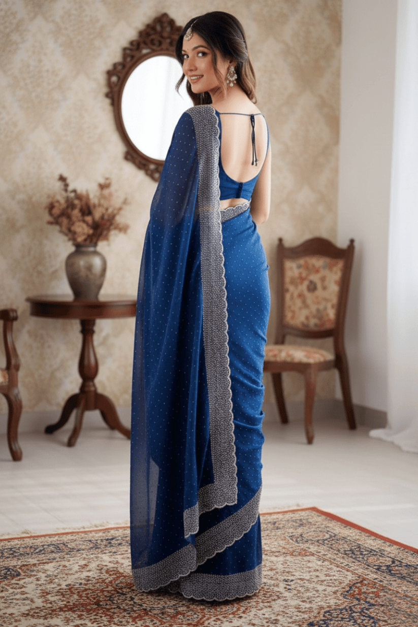 Navy Blue Swarovski Soft Silk Saree