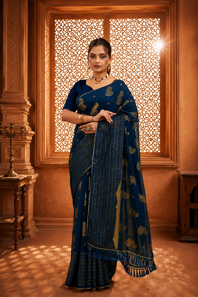 Navy Foil Printed Georgette Saree