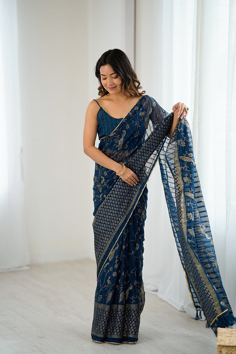 Navy Blue Foil Printed Gharchola Georgette Saree