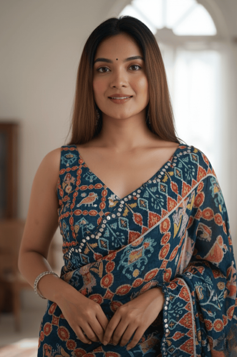 Navy Blue Printed Georgette Saree