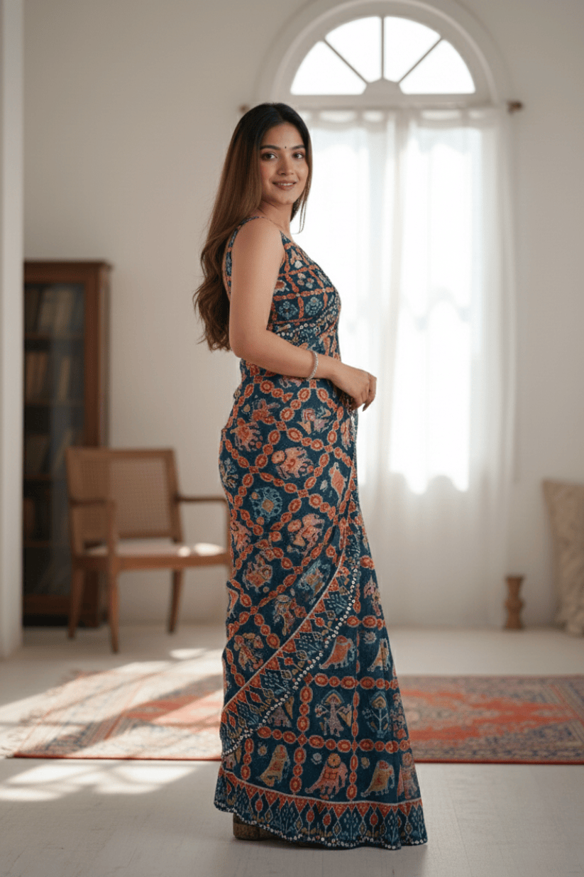 Navy Blue Printed Georgette Saree