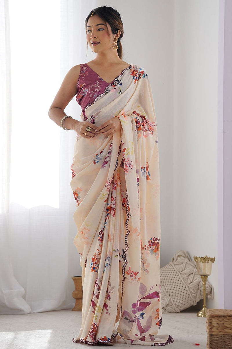 Off White Printed Georgette Saree