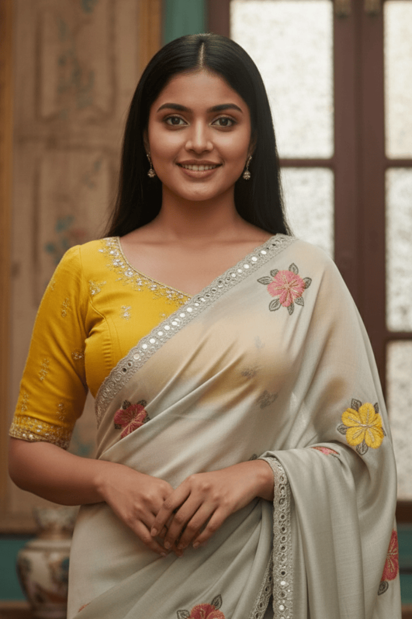 Off White Rangoli Silk Mirror Work Embroidery Saree