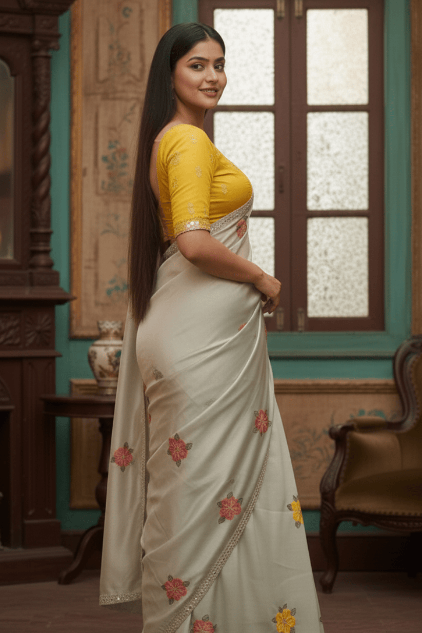 Off White Rangoli Silk Mirror Work Embroidery Saree