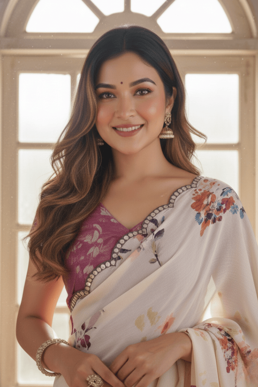 Off White Printed Georgette Saree