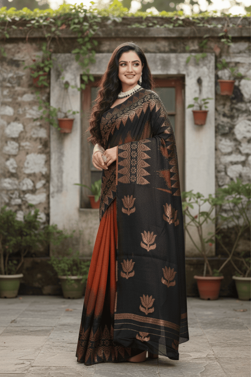 Orange-Black Foil Printed Cotton Silk Saree