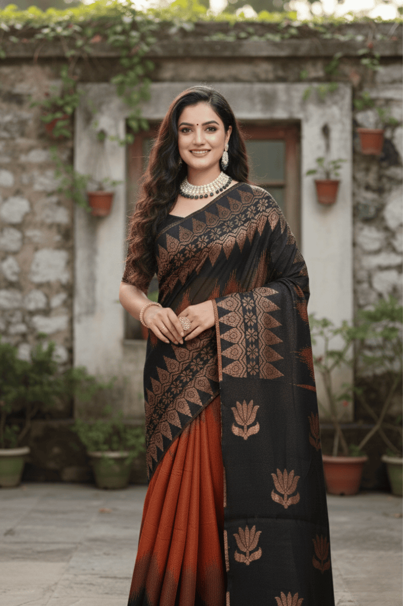 Orange-Black Foil Printed Cotton Silk Saree
