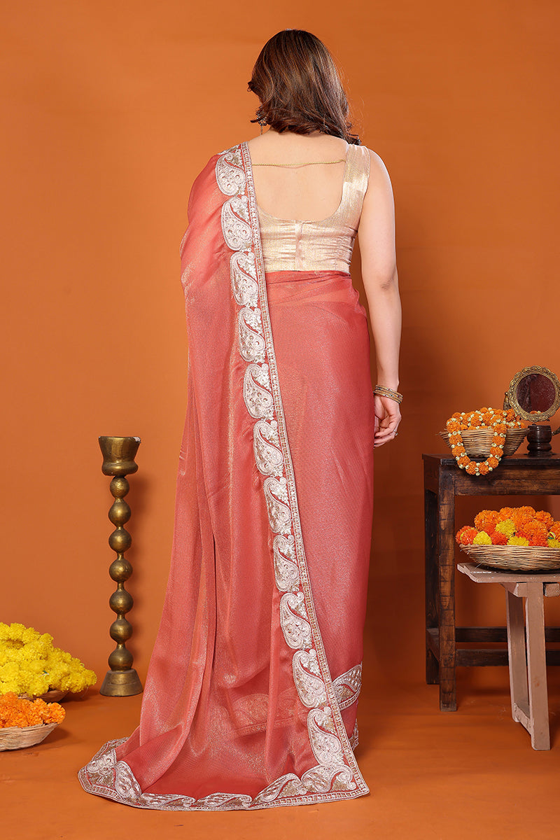 Orange Chiffon Embroidered Saree