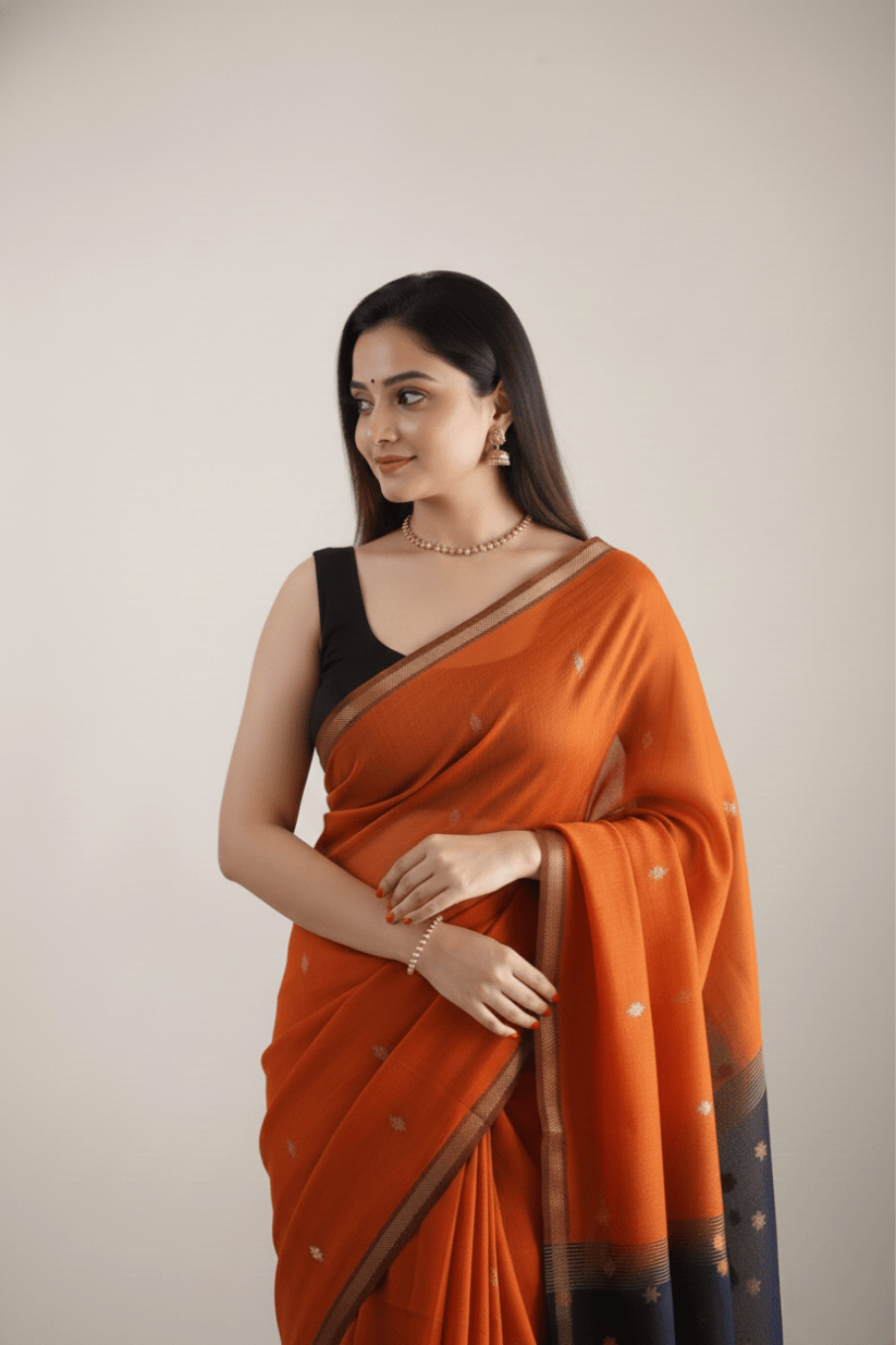 Orange Cotton Silk Saree