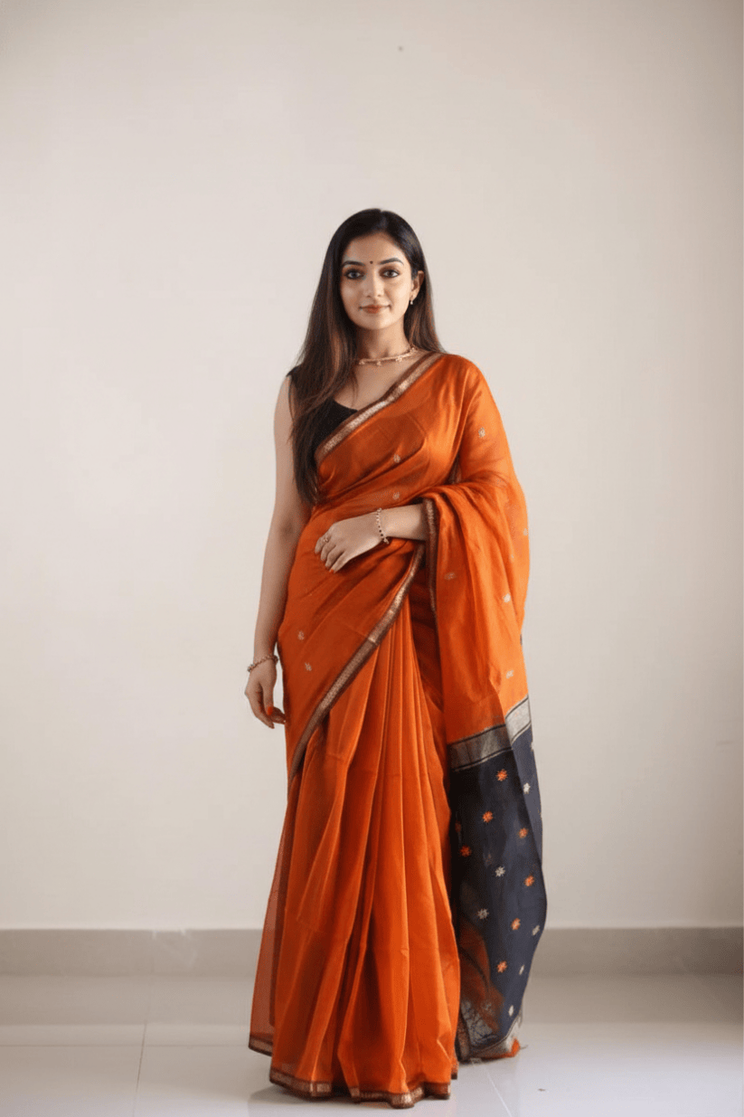 Orange Cotton Silk Saree