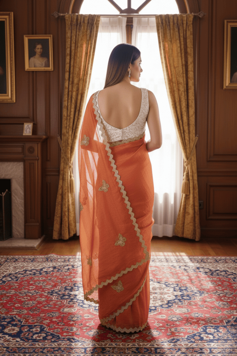 Orange Crunchy Silk Embroidery Saree