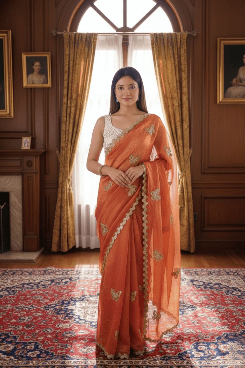 Orange Crunchy Silk Embroidery Saree