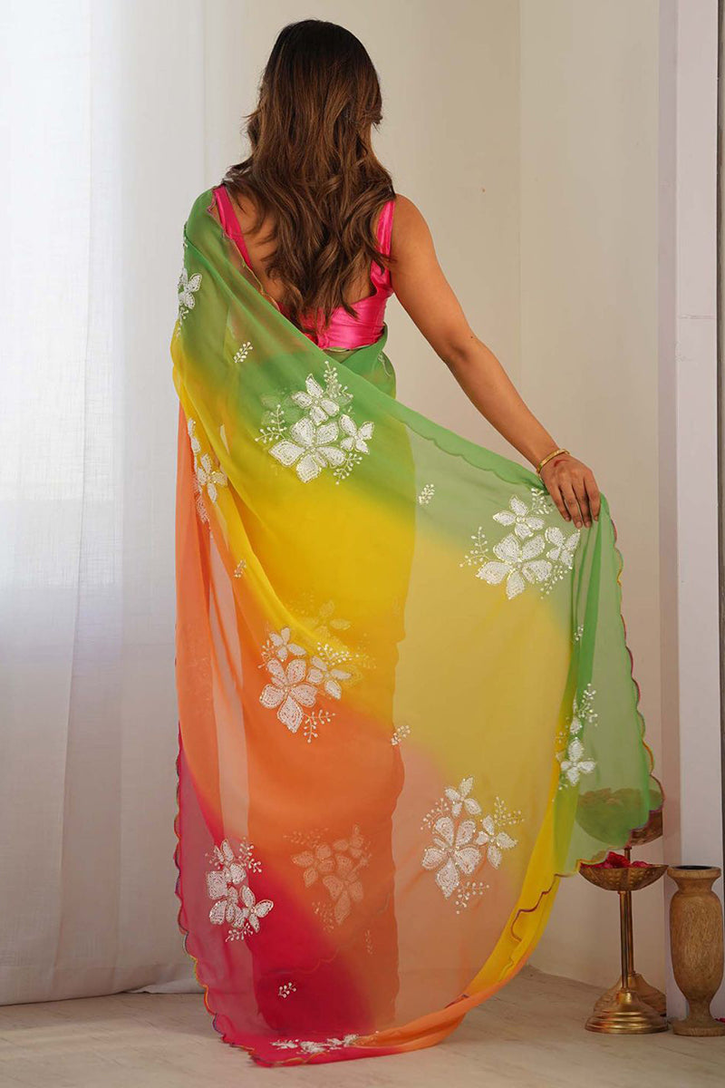 Orange Embroidery Work Georgette Saree