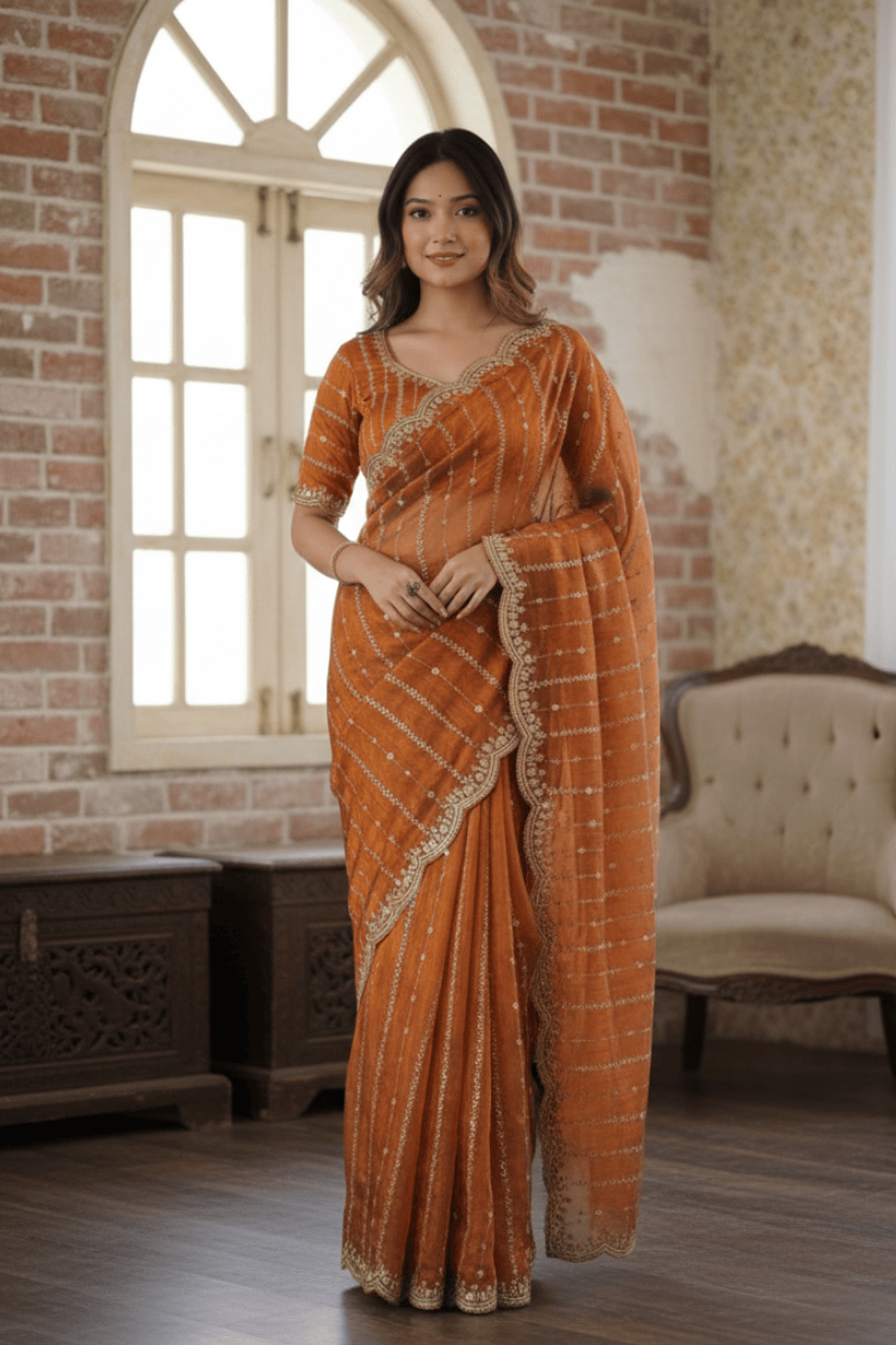 Orange Fendi Satin Embroidery Saree