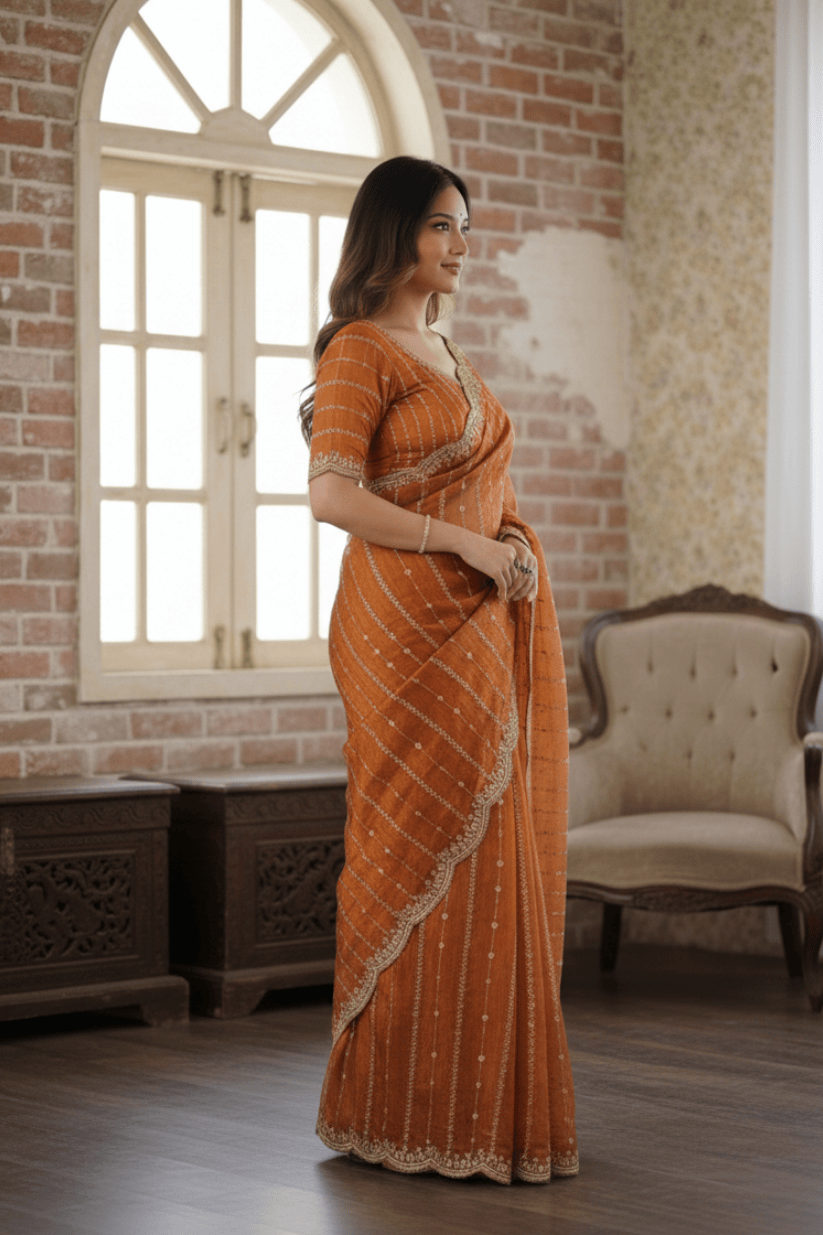 Orange Fendi Satin Embroidery Saree