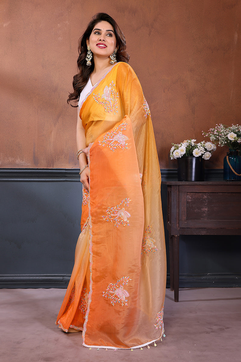 Orange Yellow Dual Shade Embroidered Saree