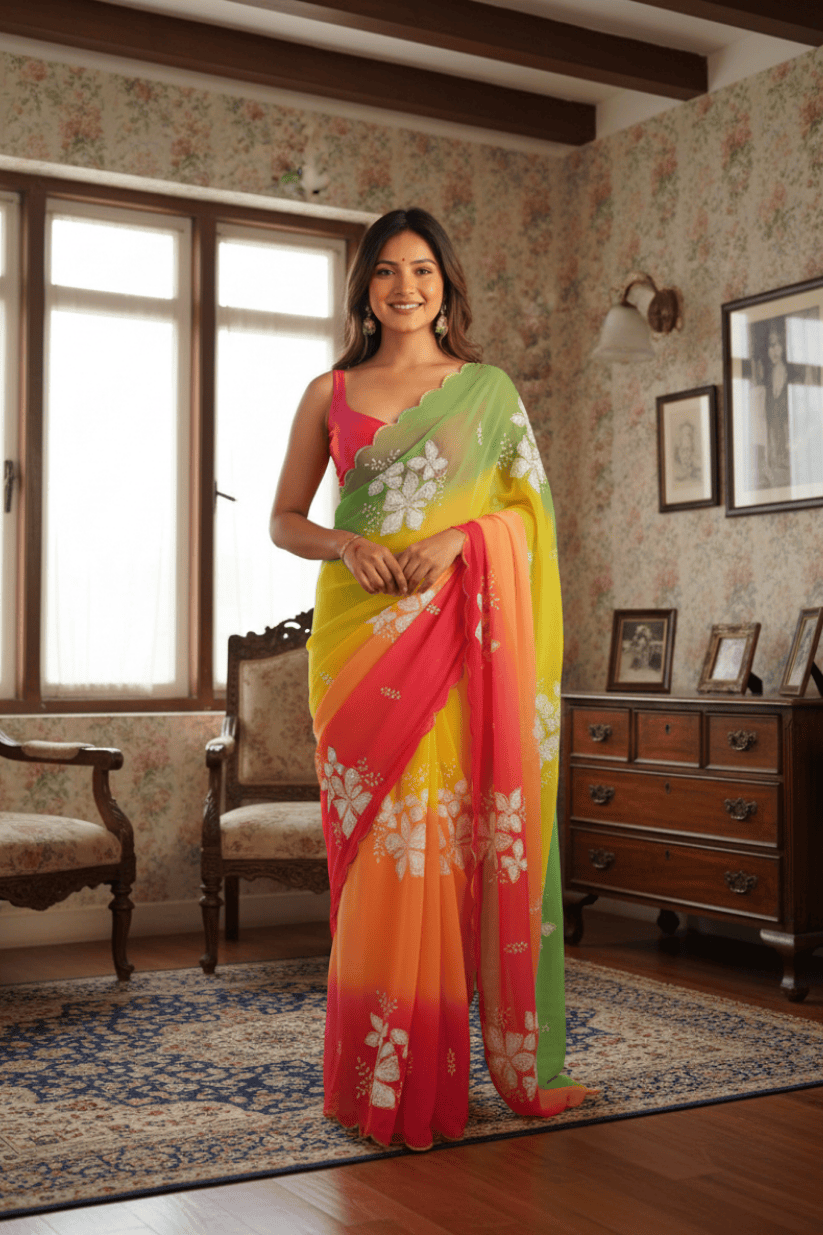 Orange Embroidery Work Georgette Saree