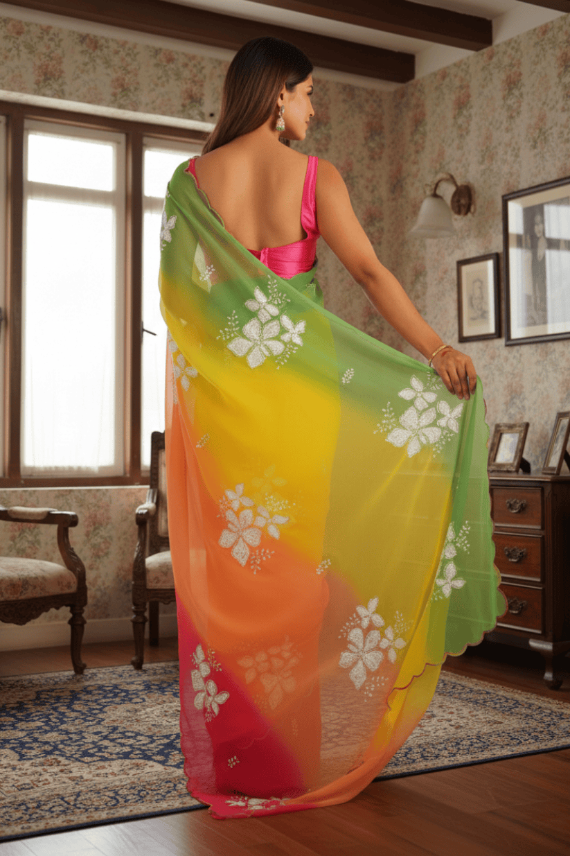 Orange Embroidery Work Georgette Saree