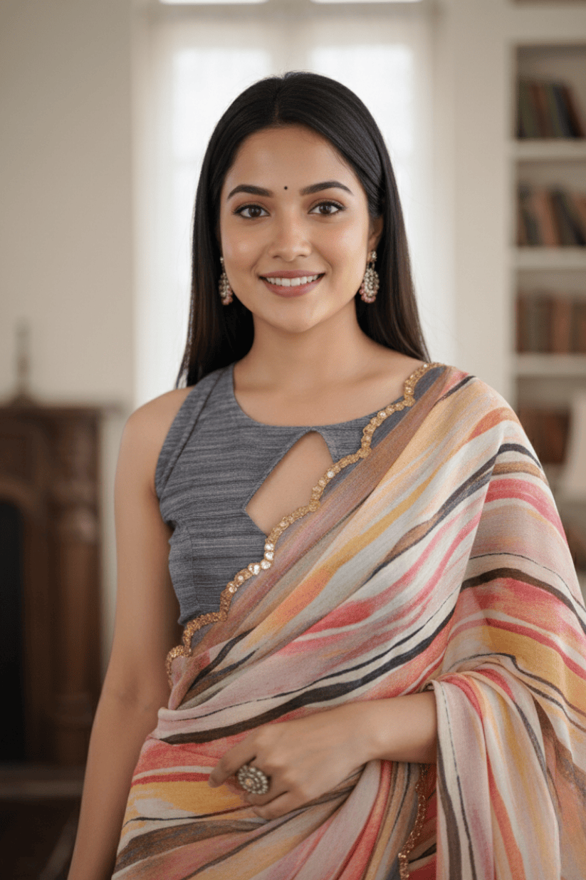 Orange Printed Mirror Work Georgette Saree