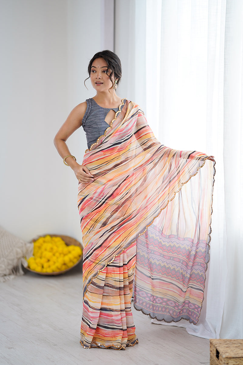Orange Printed Mirror Work Georgette Saree