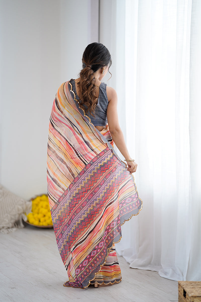 Orange Printed Mirror Work Georgette Saree