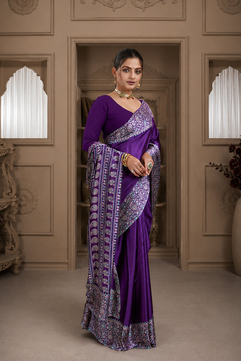 Purple Ajrakh Printed Silk Saree
