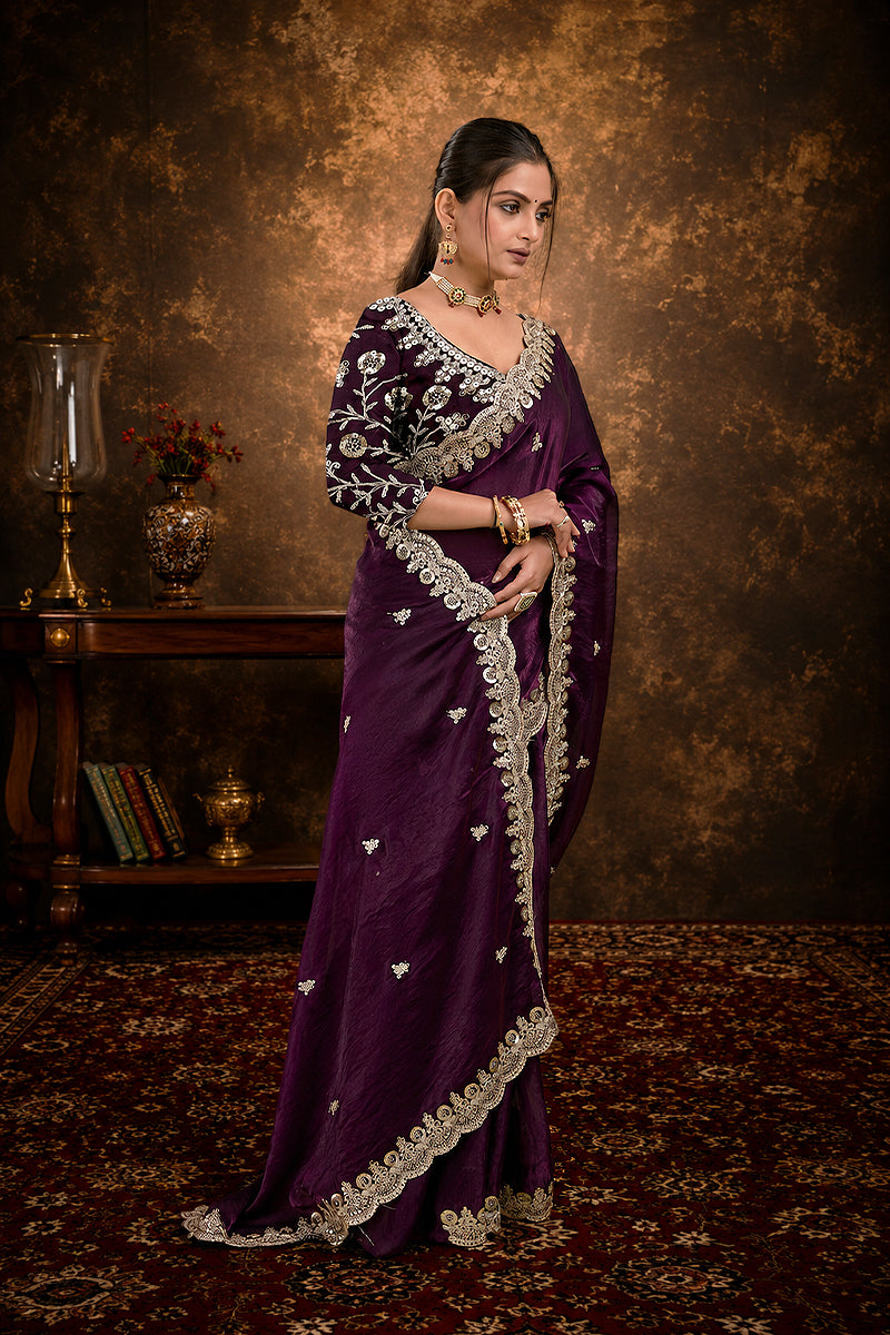 Purple Sequined Embroidered Fancy Chiffon Saree