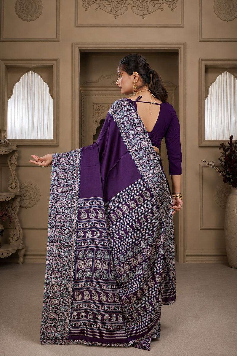Purple Ajrakh Printed Silk Saree