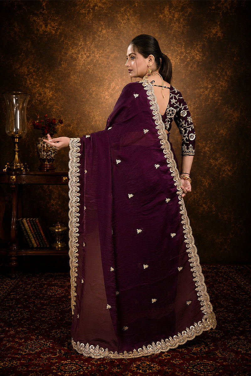 Purple Sequined Embroidered Fancy Chiffon Saree