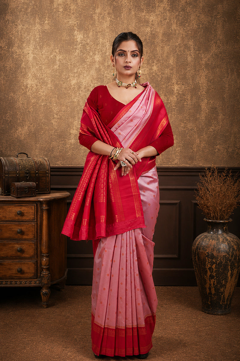 Baby Pink Narayan Border Silk Blend Saree
