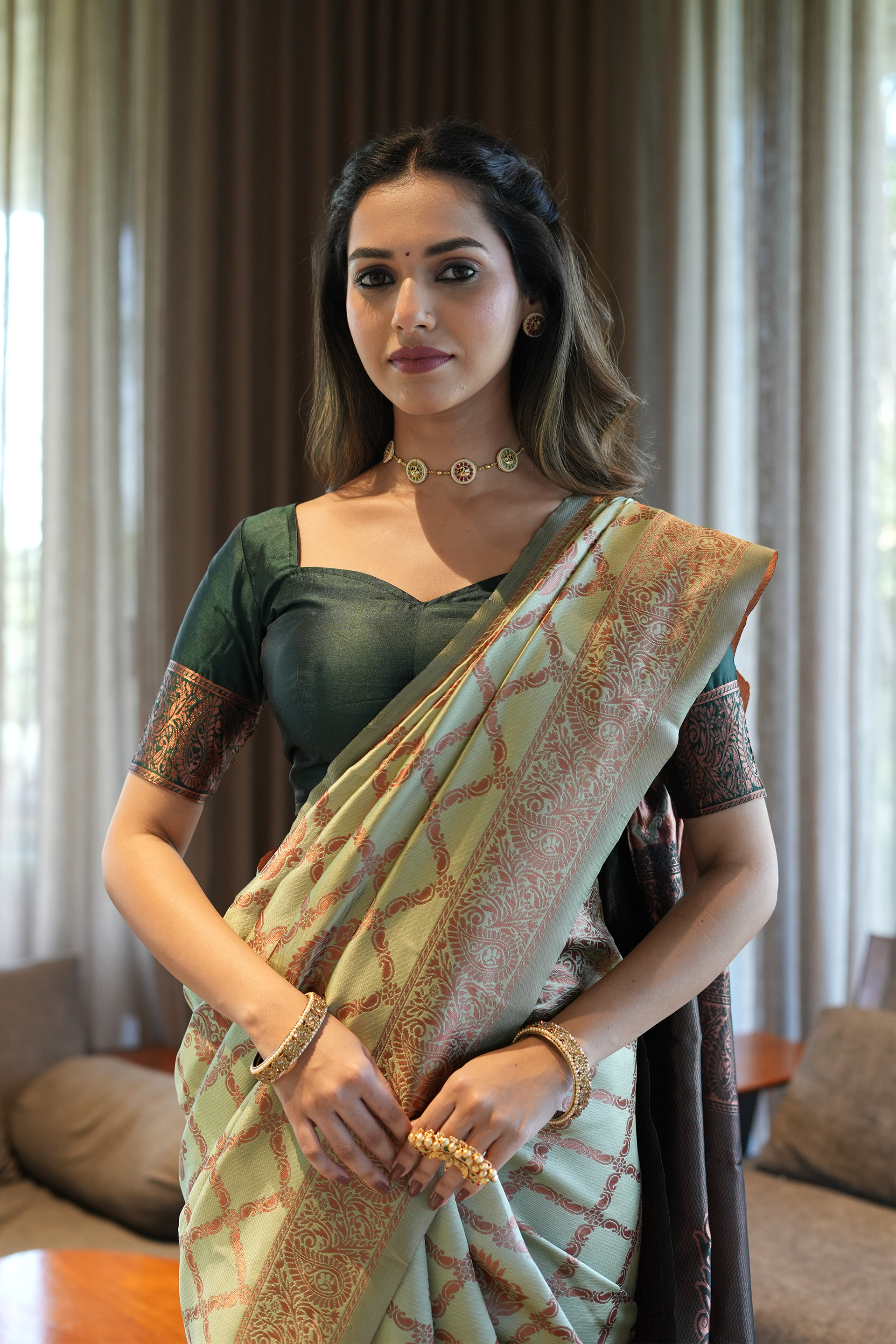 Pastel Green Jhalar Silk Blend Saree