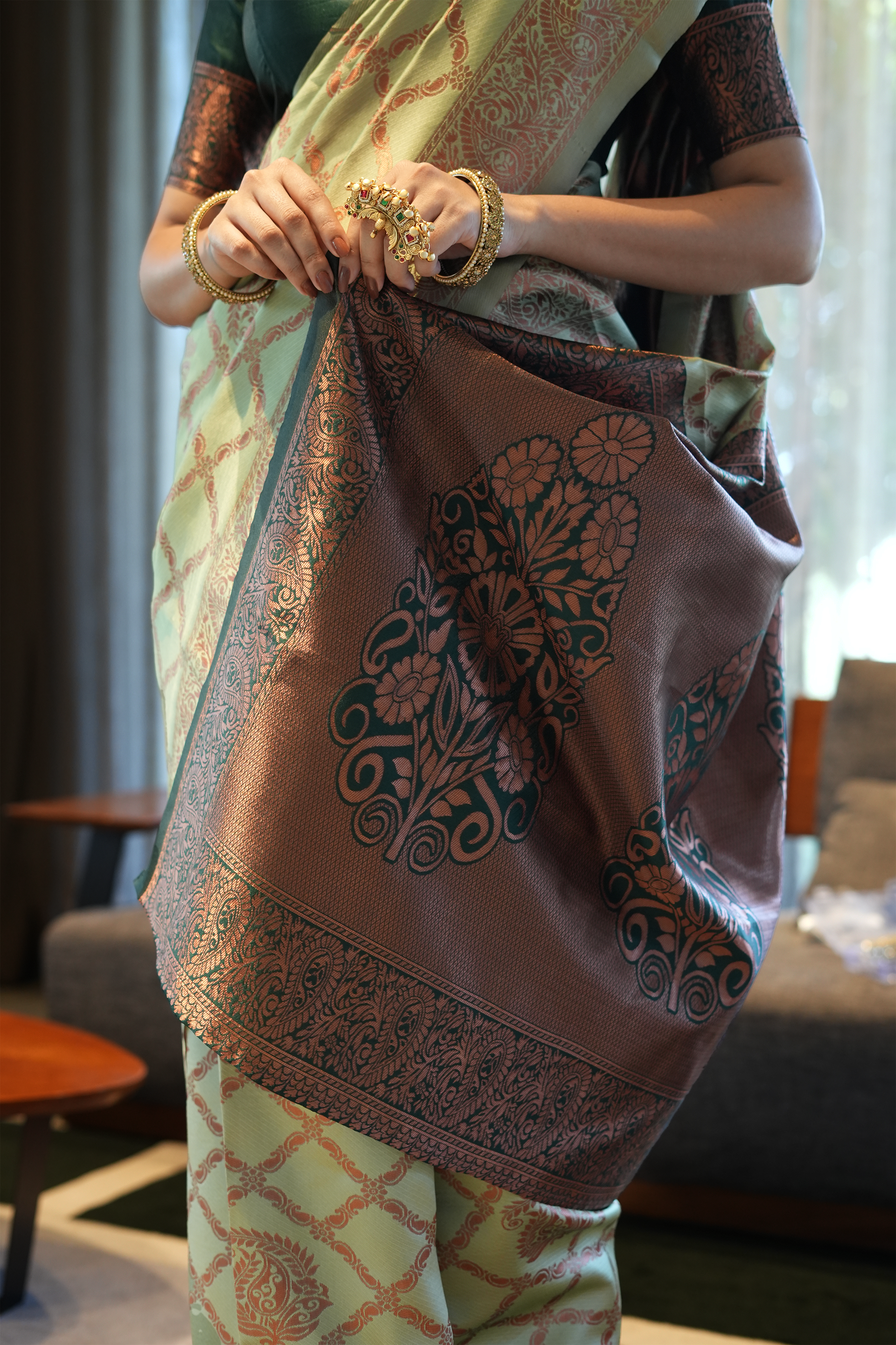 Pastel Green Jhalar Silk Blend Saree