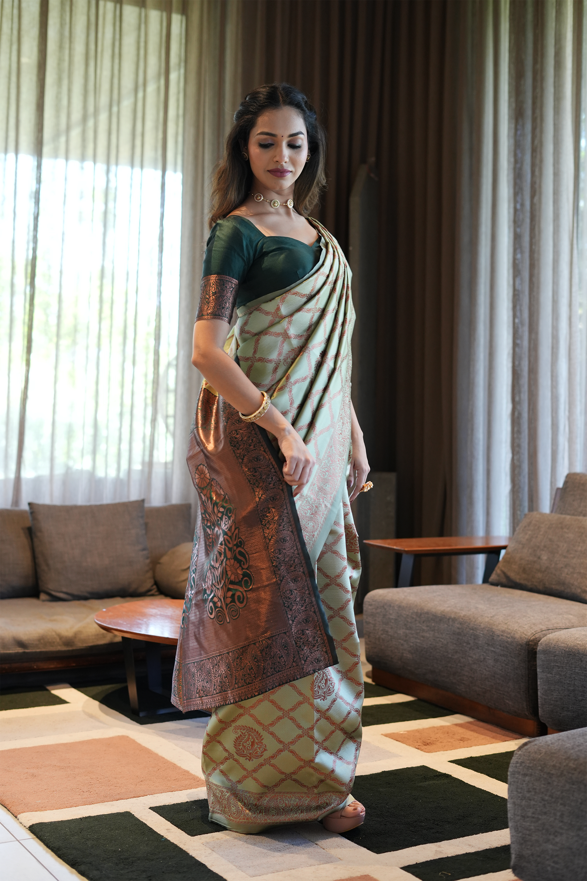 Pastel Green Jhalar Silk Blend Saree