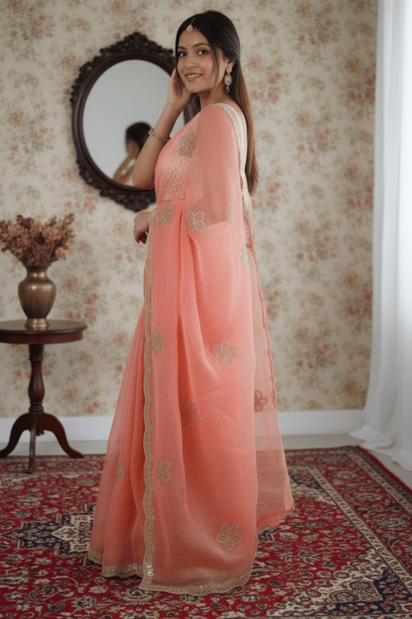 Peach Crunchy Silk Embroidery Saree