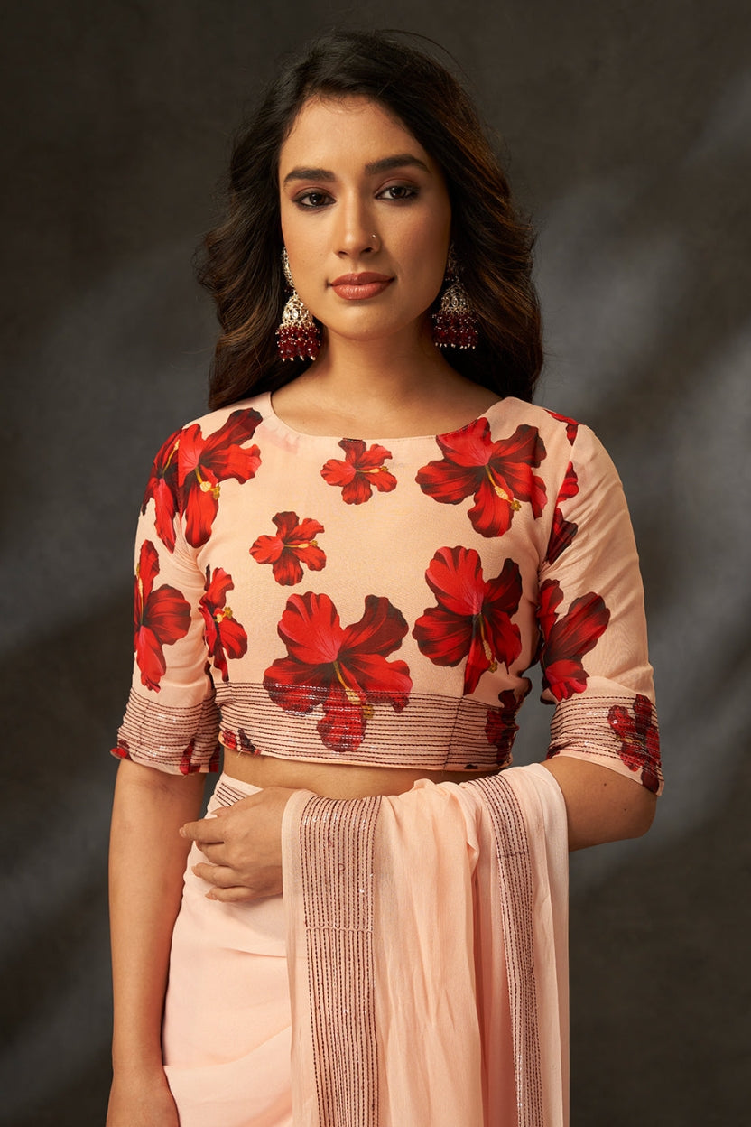 Peach Digital Printed Georgette Saree