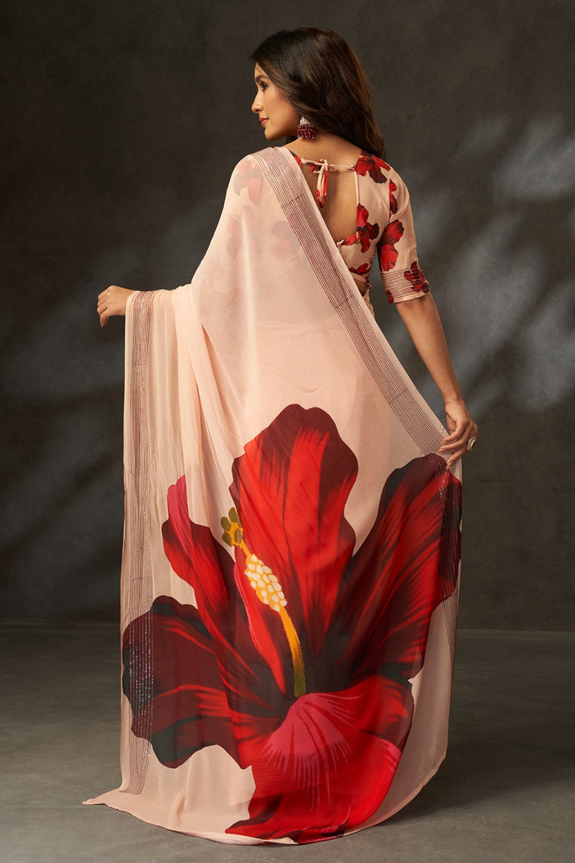 Peach Digital Printed Georgette Saree