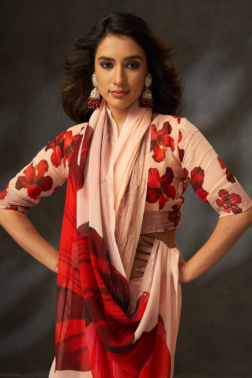 Peach Digital Printed Georgette Saree