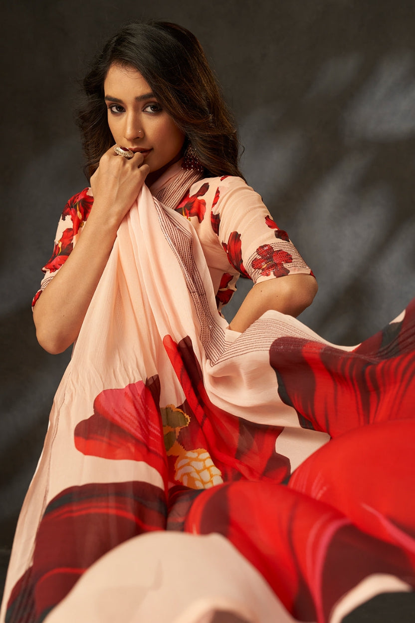 Peach Digital Printed Georgette Saree