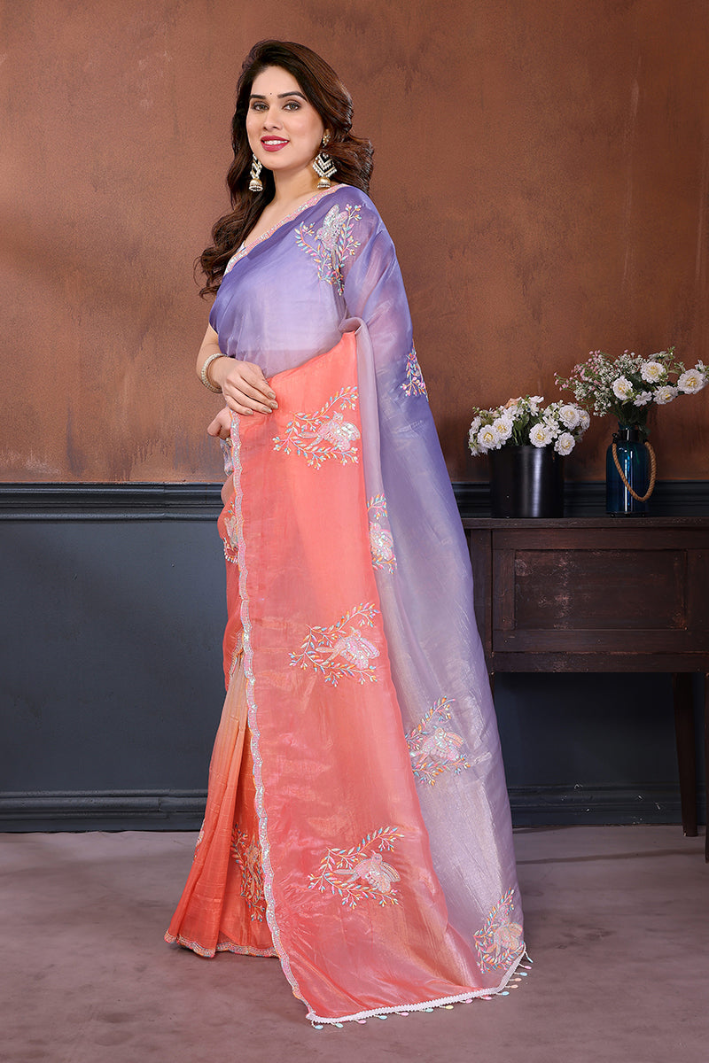 Peach Lavender Dual Shade Embroidered Saree