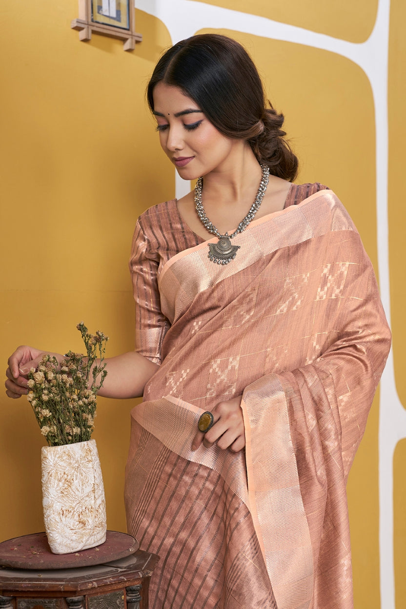 Peach Linen Cotton Saree