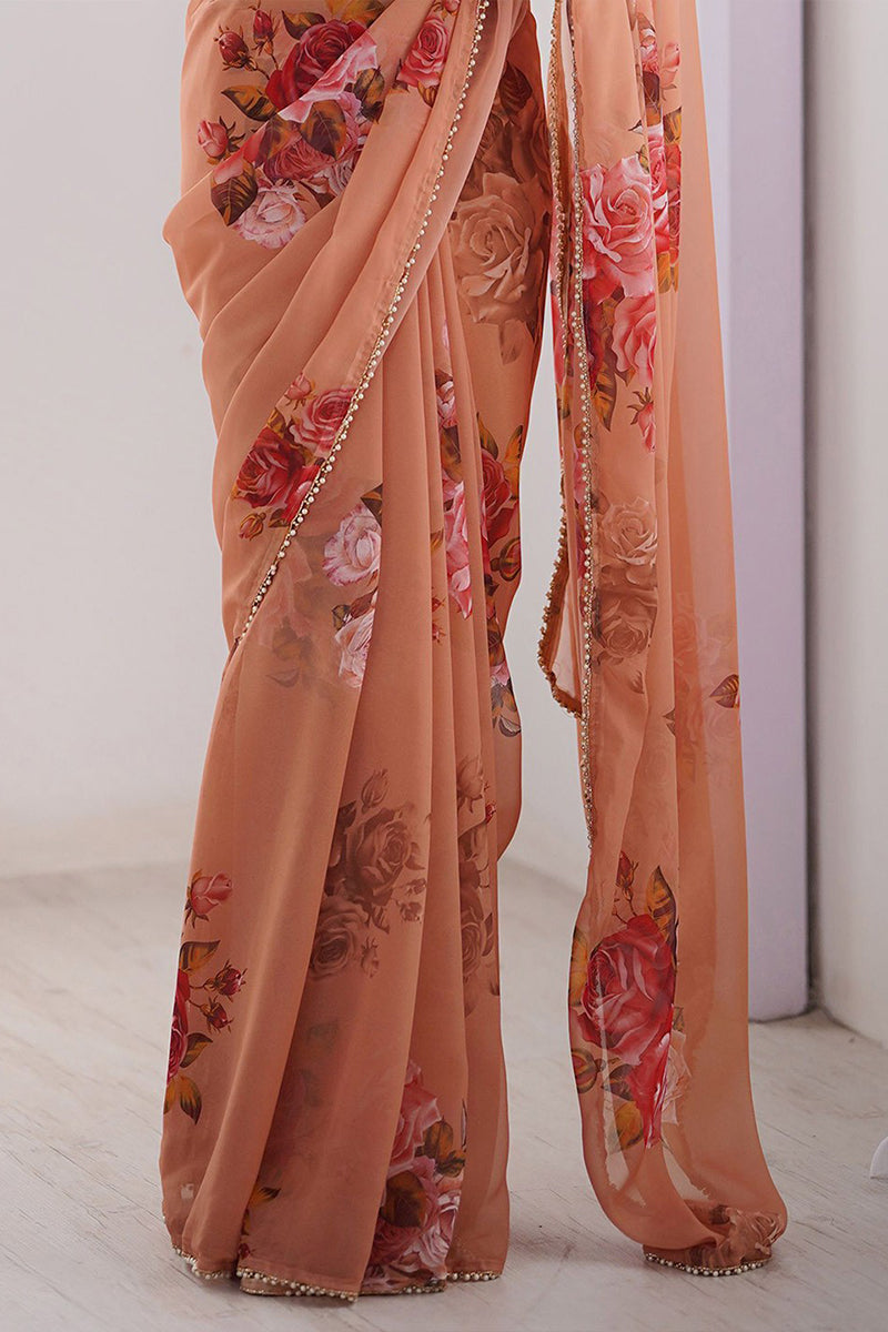 Peach Printed Georgette Lace Saree